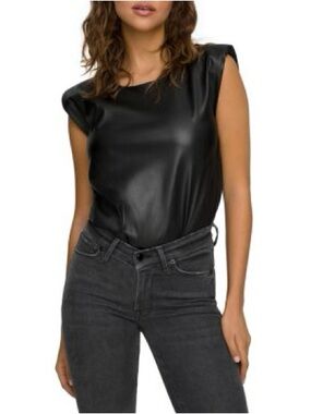 Good American Strong Shoulder Faux Leather Bodysuit
